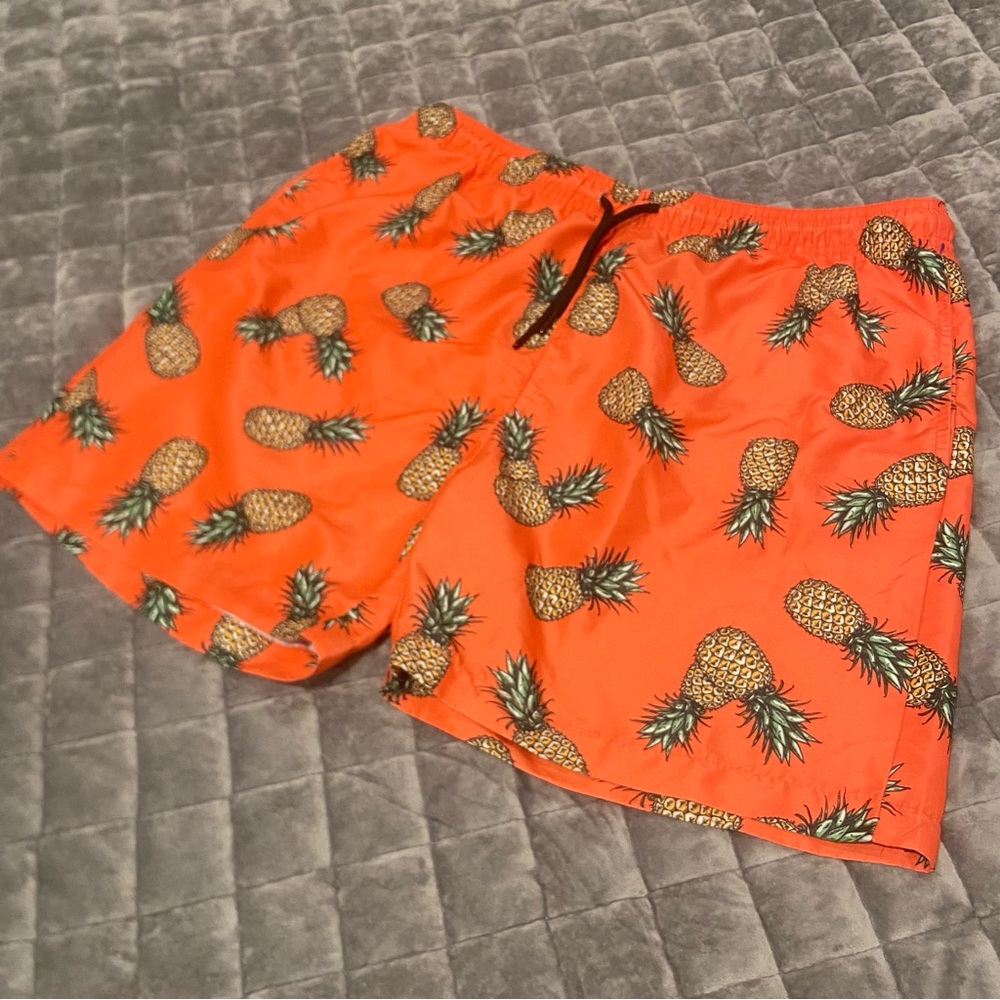 Tropical Pineapple Print Men's Swim Board Shorts - Orange